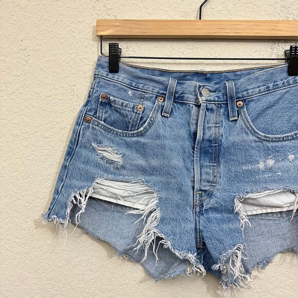 LEVI'S 501 High Waist Button Fly Distressed Jean Shorts in Blue - Picture 2 of 12